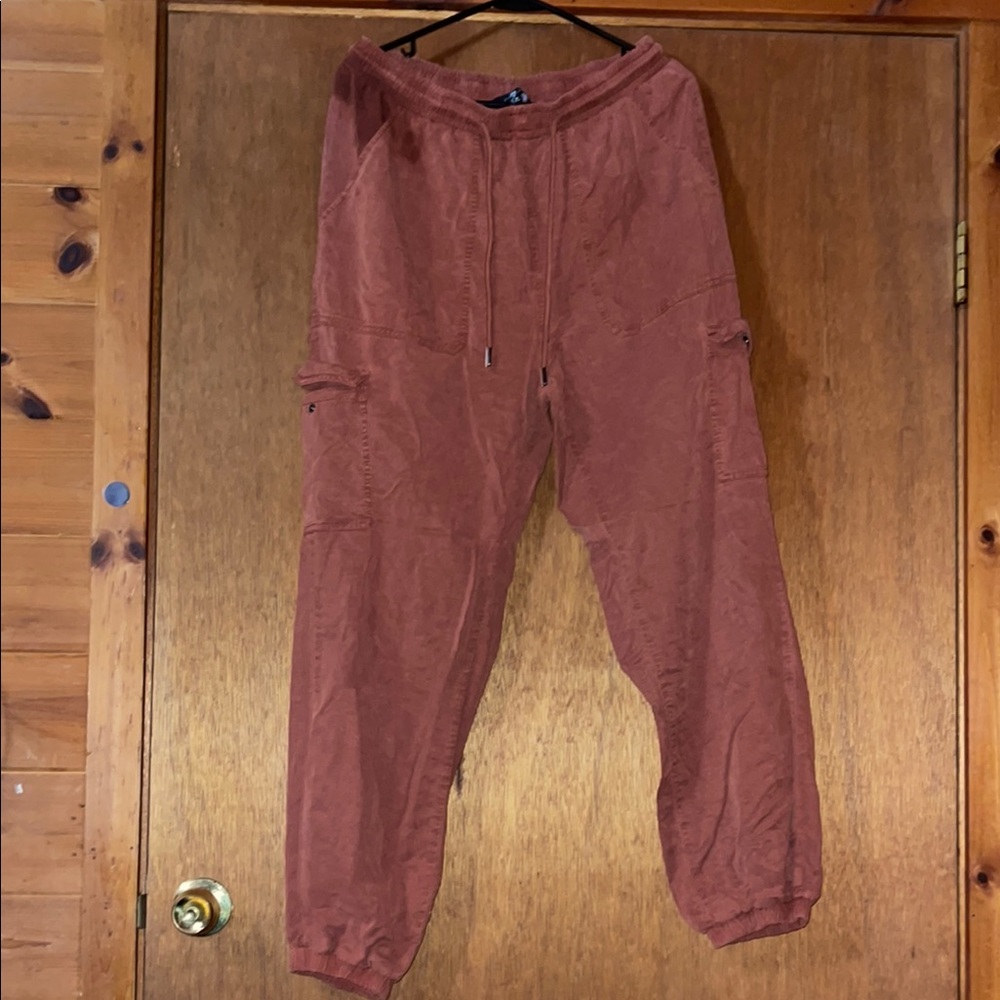 Brown Cargo Pants with Elastic Waistband and Cuffed Ankles